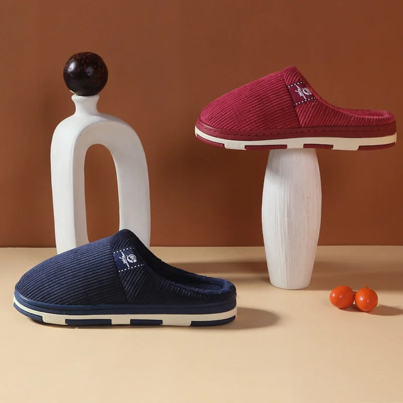 Women And Men Couple Winter Slipper Women's Stripe Pattern Cotton Shoes Men's Warm Non-Slip Thick Plush Home Fabric Slippers