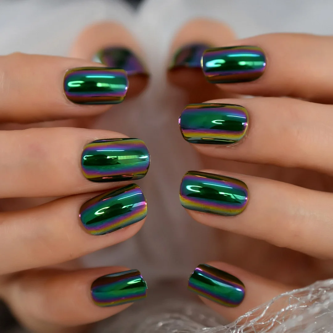 Chrome Fake Nails Press On Square Nails Full Cover Fingernails Green Electroplate Design Short Style With Glue Sticker Manicure