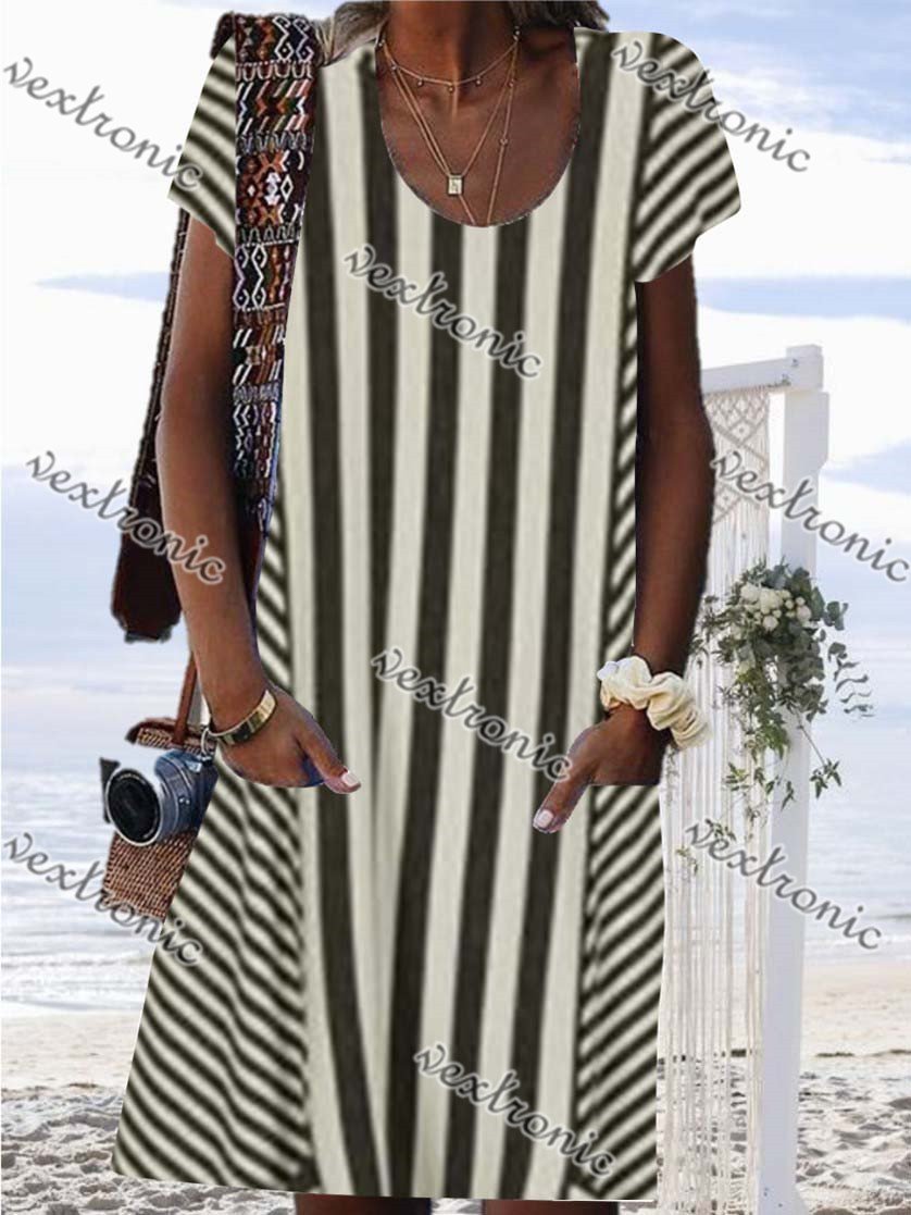 Women U-neck Short Sleeve Striped Printed Midi Dress with Pockets