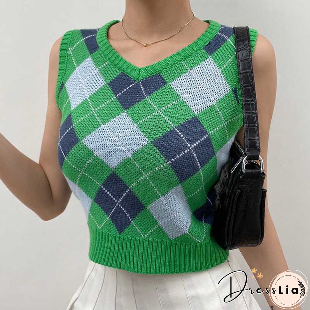 Checkered Cropped Knitted Tank Argyle Sleeveless Jumper