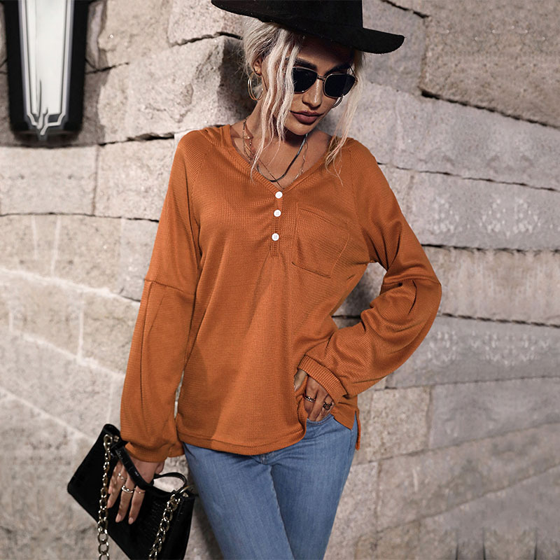 Women Long Sleeve Loose Button Pocket Pullover Tops