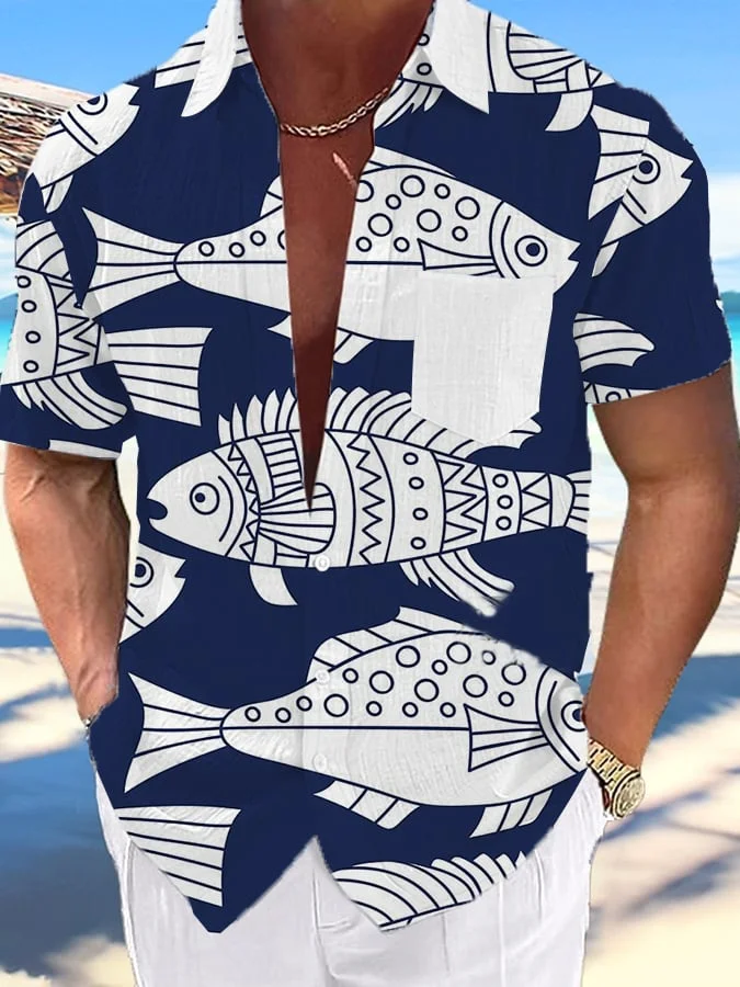 Men's Marine Art Design Short Sleeve Pockets Shirt