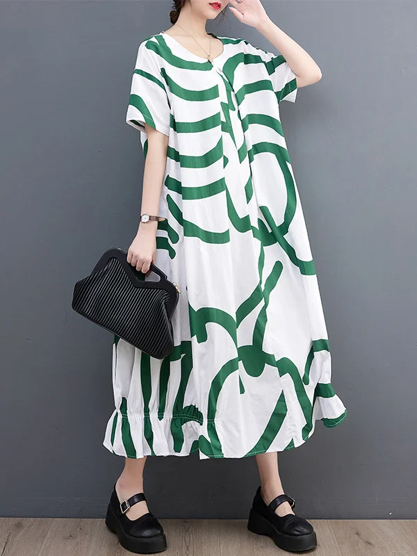 Short Sleeves Loose Abstract Printed Printed Round-Neck Midi Dresses
