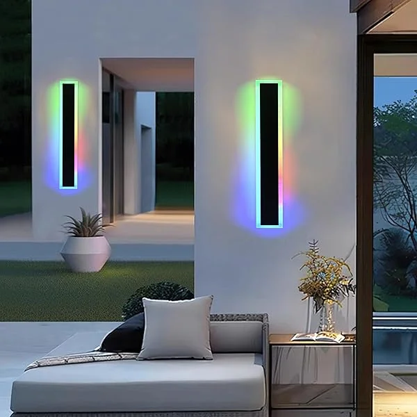 2 Packs 24in Long Outdoor RGB LED Wall Lights, 5.1in Wide Exterior Wall Light Fixtures Black Dimmable Long Strip Wall Sconce with Remote Control for House Garage Patio Porch, IP65 Waterproof RGB-2 pack 24 inch