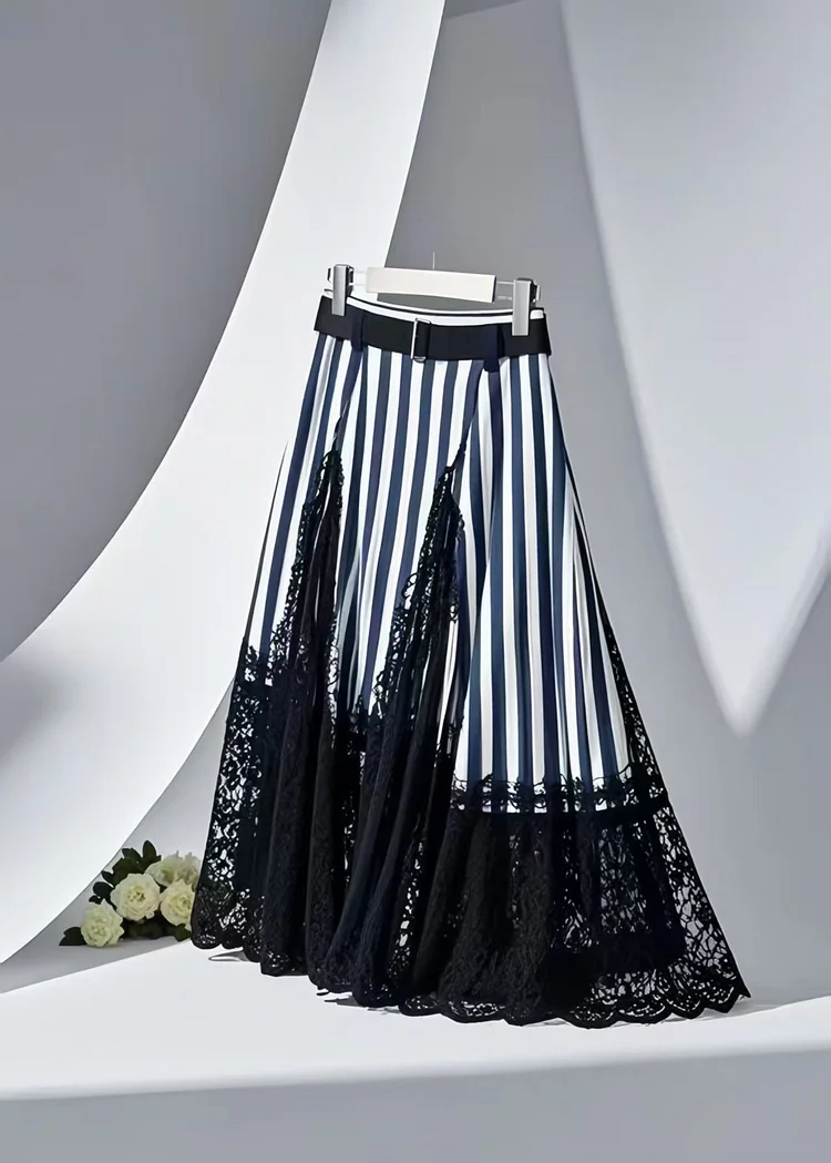 Modern Navy Striped Patchwork Lace Skirt Summer