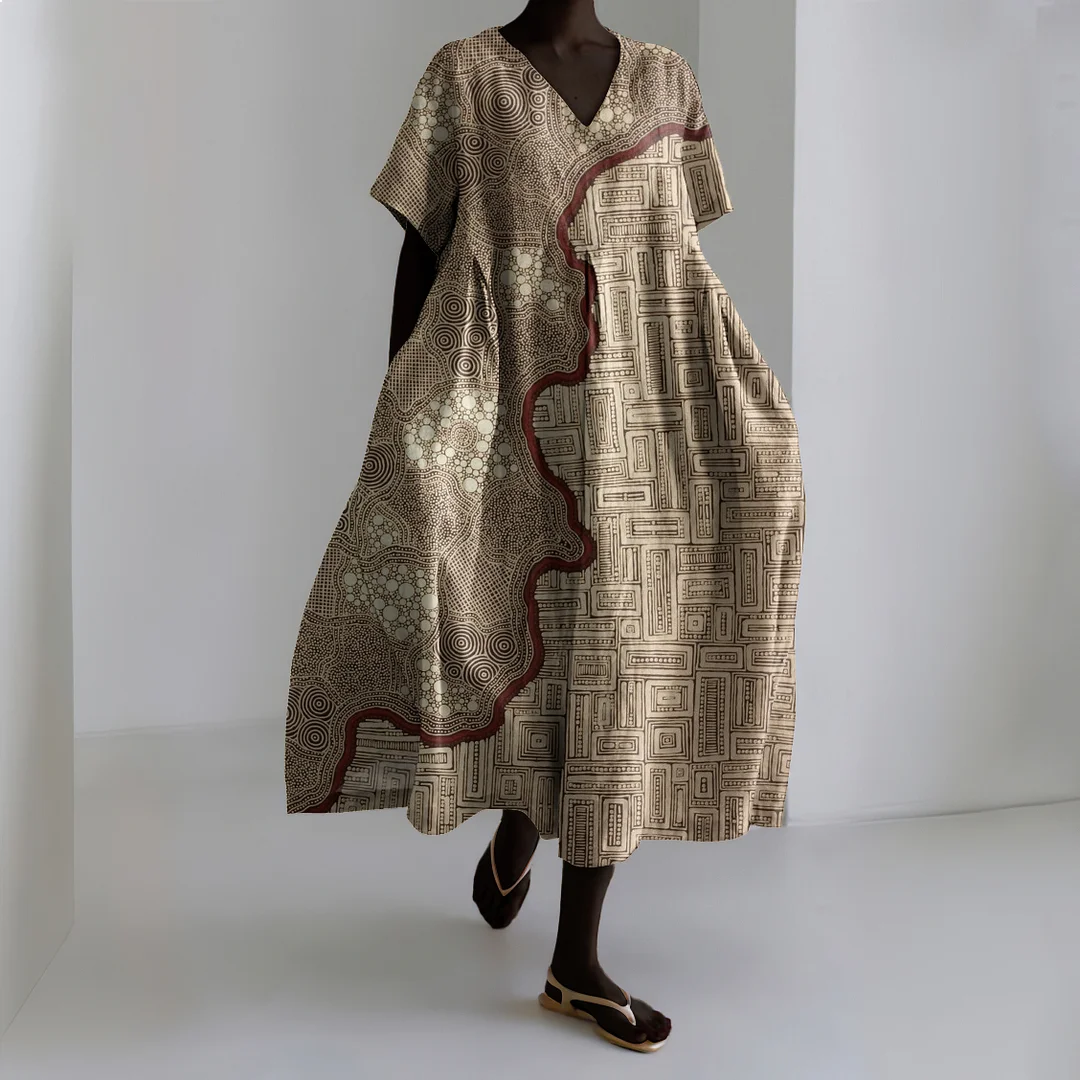 Vintage Ethnic Art Geometric Print Linen Dress