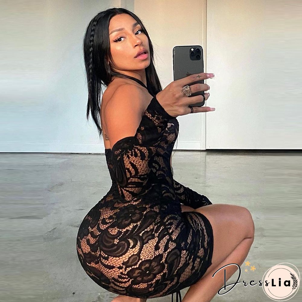 Lace Drawstring Ruched Long Sleeve Backless Dresses