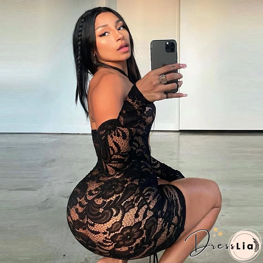 Lace Drawstring Ruched Long Sleeve Backless Dresses