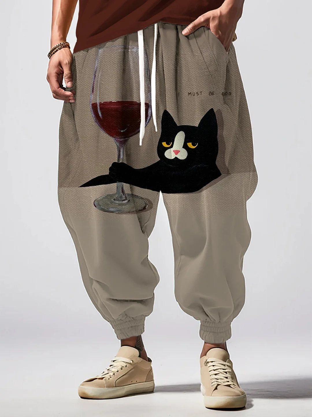 Men's Black Cat With Red Wine I Must Be God Print Loose Drawstring Waist Sweatpants