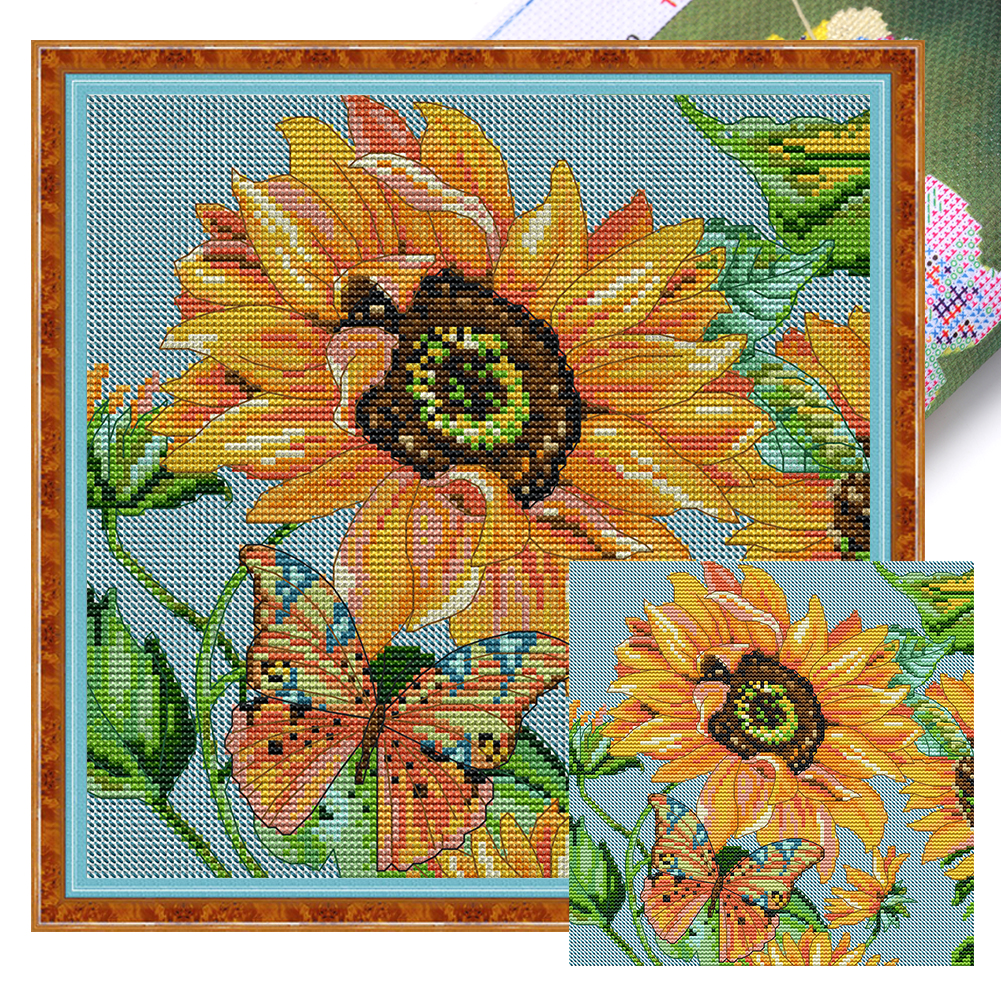 Sunflower And Butterfly Full 14CT Pre-stamped Canvas(27*27cm) Cross Stitch(backstitch)