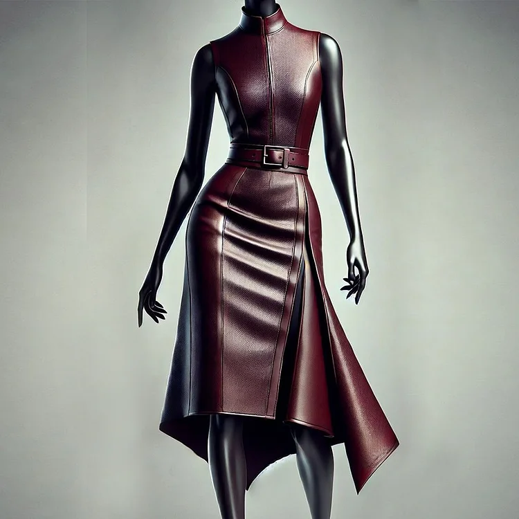 Formal PU Leather Sleeveless Asymmetrical Hem Belt Midi Dress