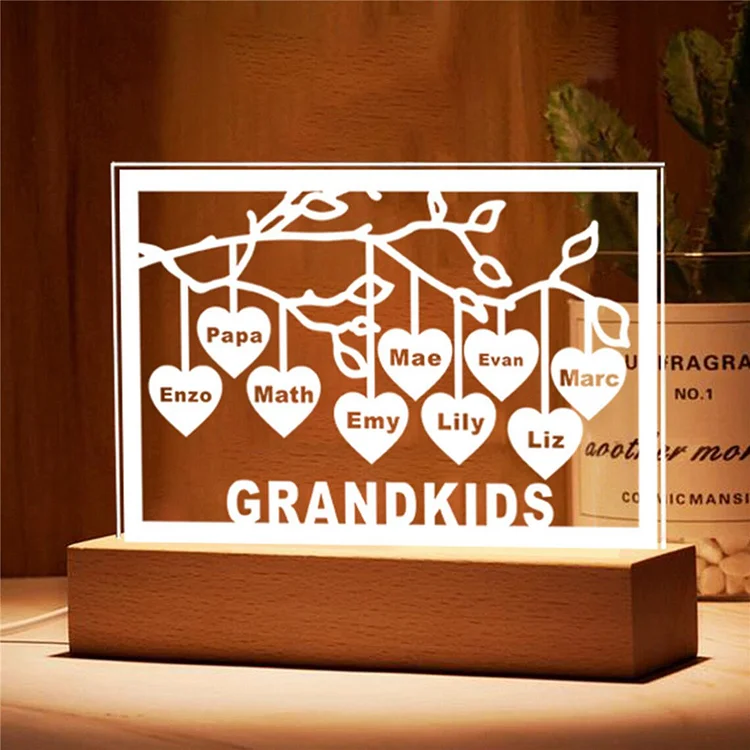 Personalized Family Tree Night Light LED Sign Engraved 9 Names Plaque USB Power Lamp