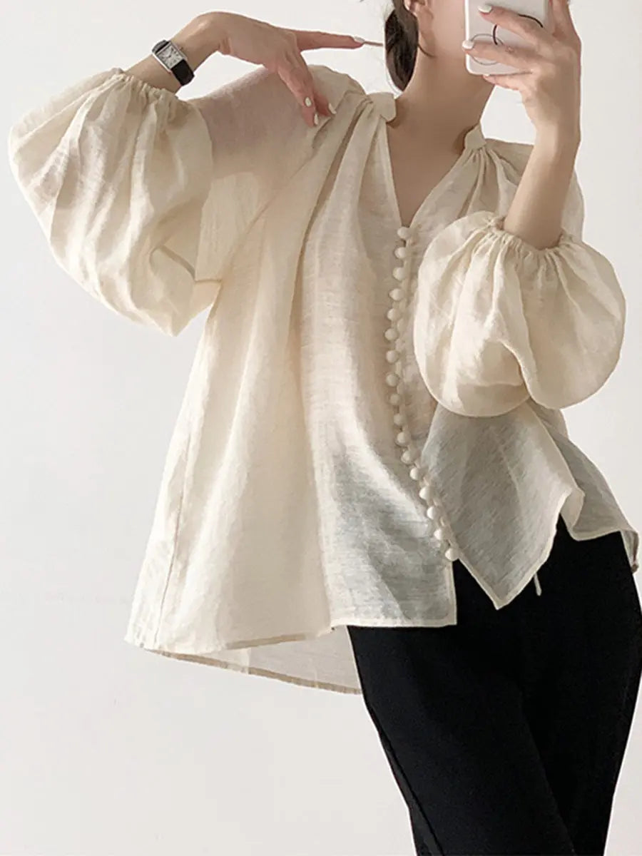 V Neck Puff Sleeve Linen  Blouses