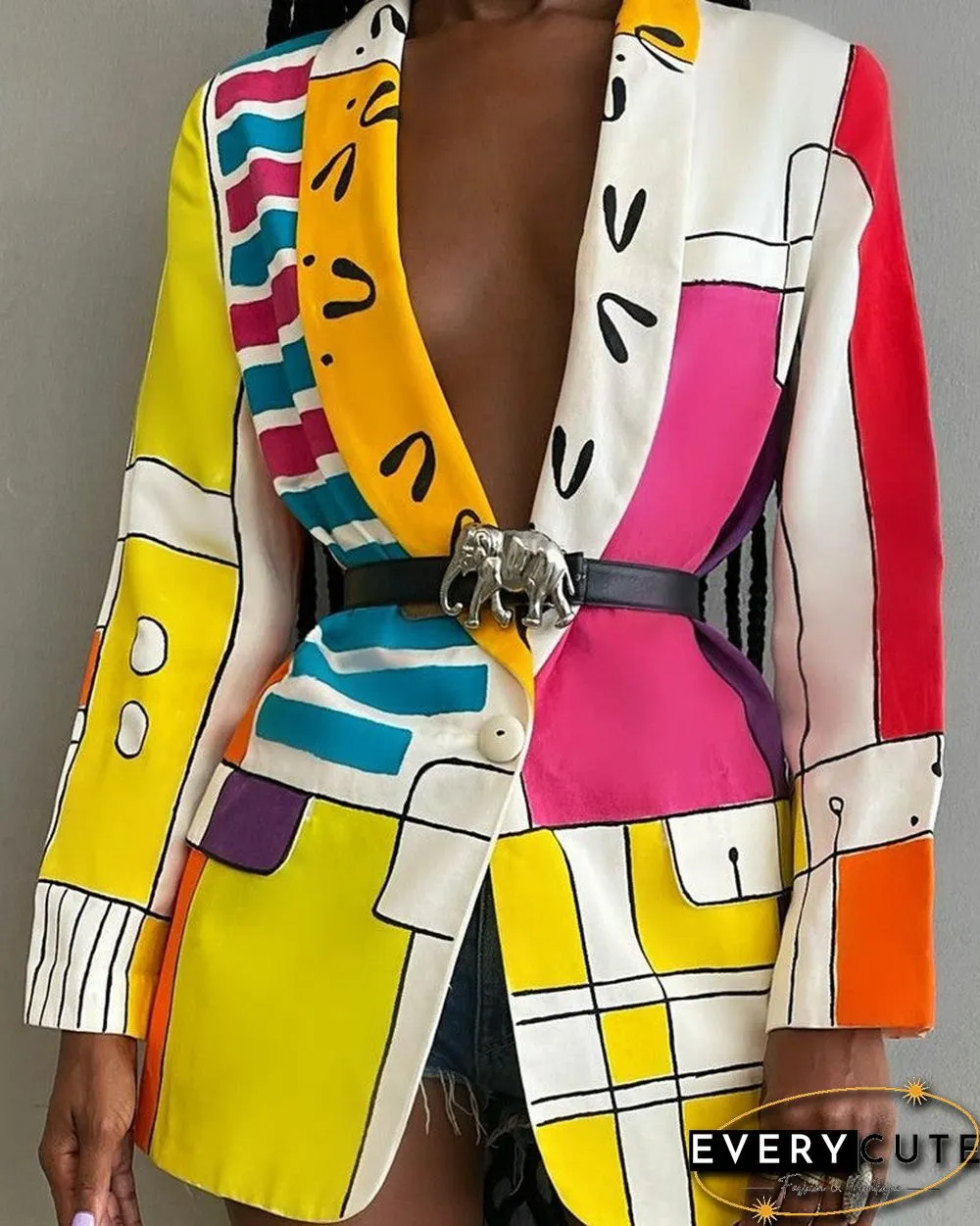 Abstract Print Shawl Collar Single Button Blazet