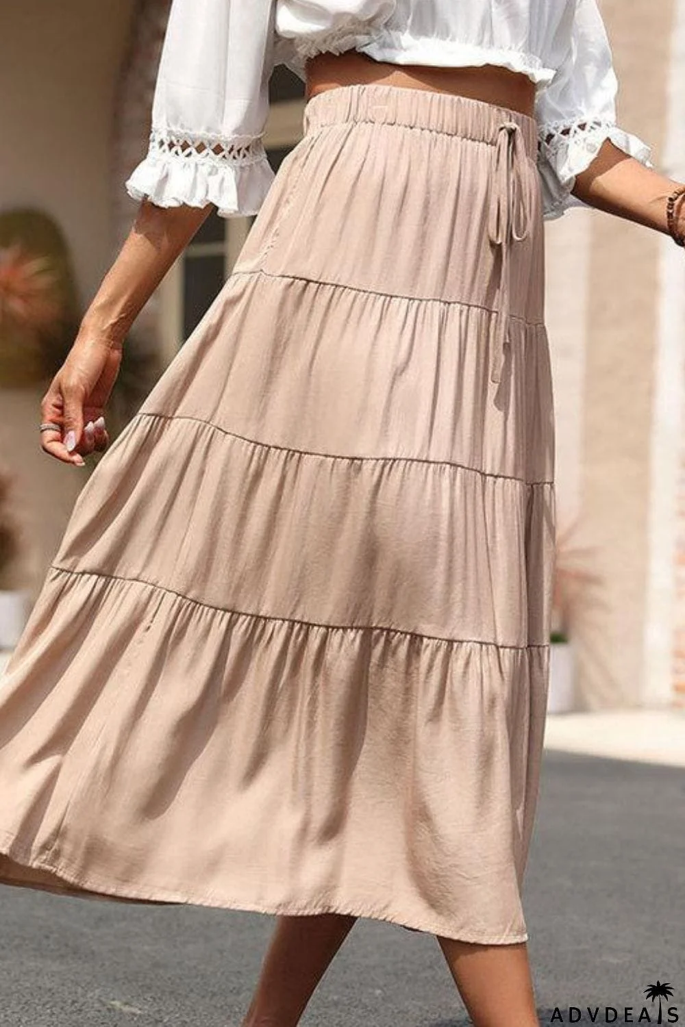 Elastic Waist Tiered Midi Skirt