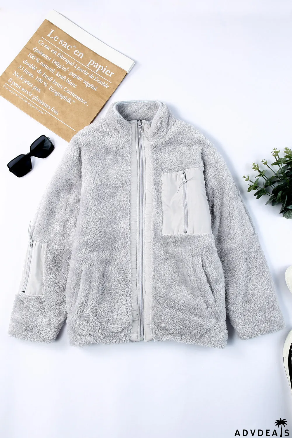 Zip Up Sherpa Coat With Pocket