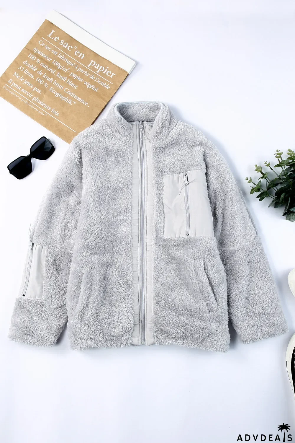 Zip Up Sherpa Coat With Pocket