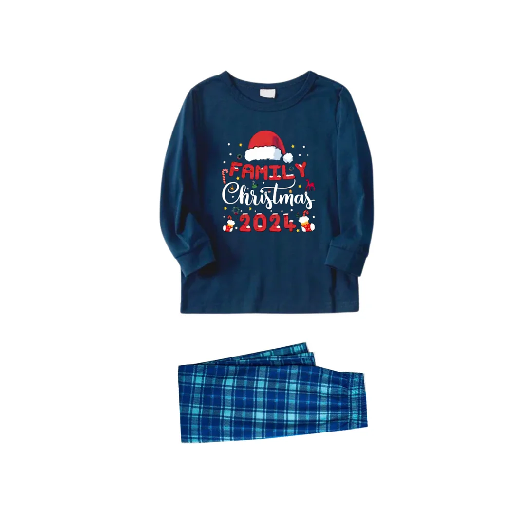 Cute "Family Christmas 2024" and Santa Hat Pattern Printed Blue Plaid Christmas Matching Pajamas