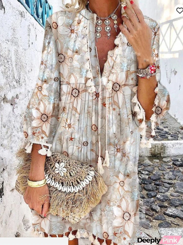 Vintage Print V-Neck Long Sleeve Fringe Dress