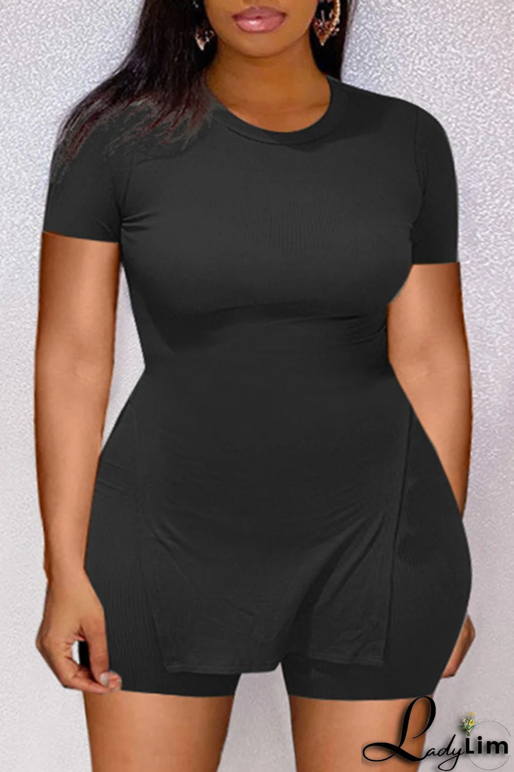 Black Fashion Casual Solid Slit O Neck Plus Size Two Pieces