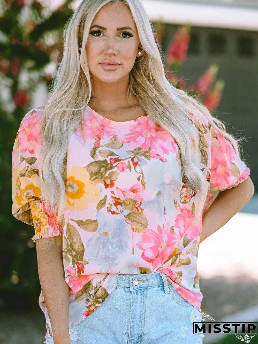 Pink Floral Loose Fit Blouse with Shirred Cuffs