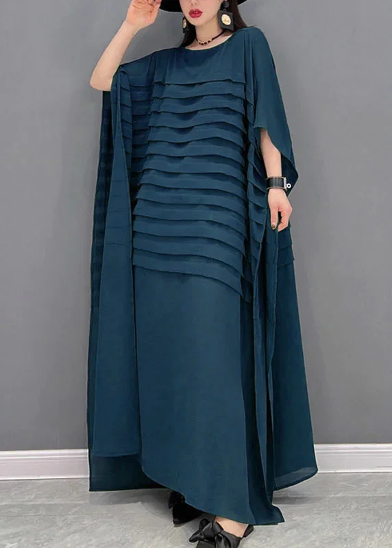 Unique Blue O-Neck Striped Chiffon Ankle Dress Batwing Sleeve