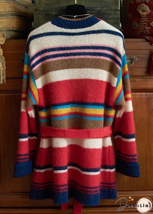 New Striped Tie Waist Pockets Patchwork Knit Cardigan Fall