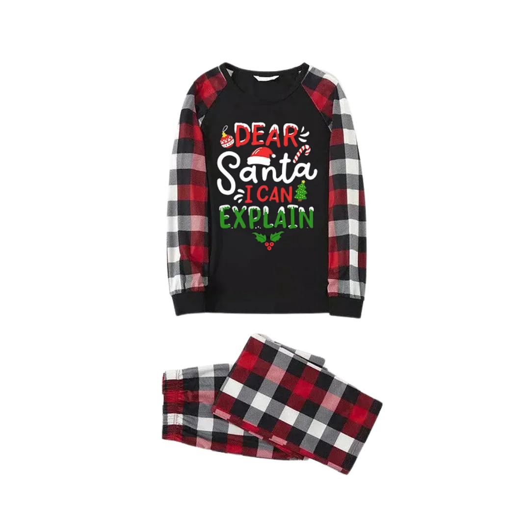 "Dear Santa I can Explain" Slogan Printed Red&Black&White Plaid  Matching Pajamas