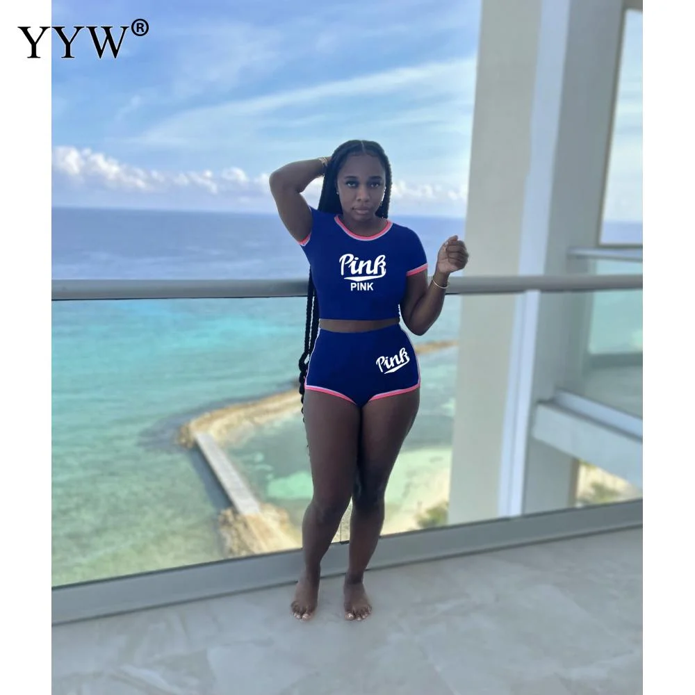 Abebey  PINK Letter Print 2 Piece Set Tracksuit Women Plus Size Short Sleeve Top And Shorts Casual Outfits Suits 2Pcs Sweatshirt