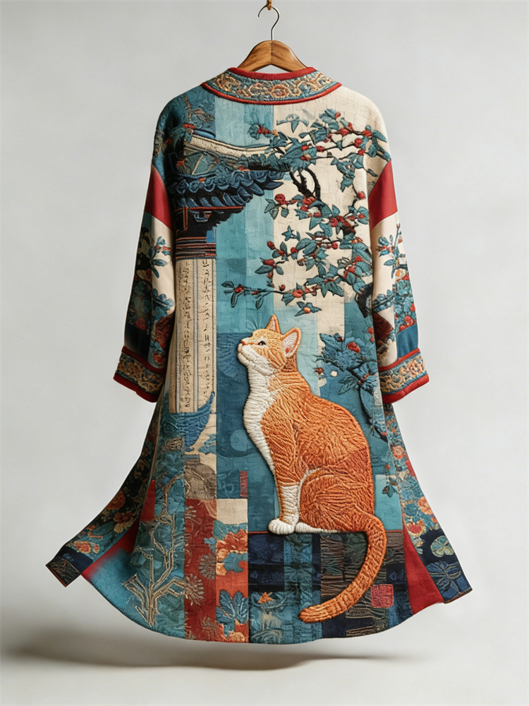 Cat & Flowers Japanese Traditional Scene Colorblock Linen Long Kimono elevenforest