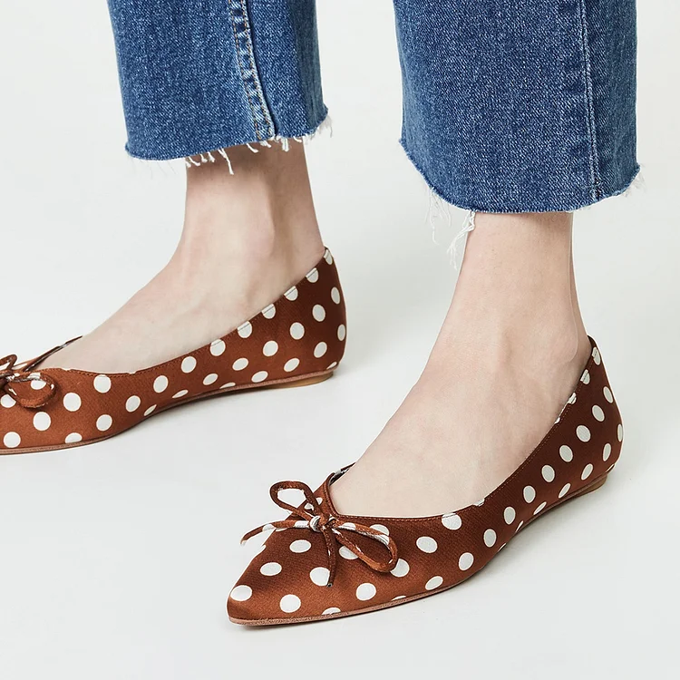 Brown Satin Pointy Toe Flats Polka Dot Bow Flats for Women |FSJ Shoes