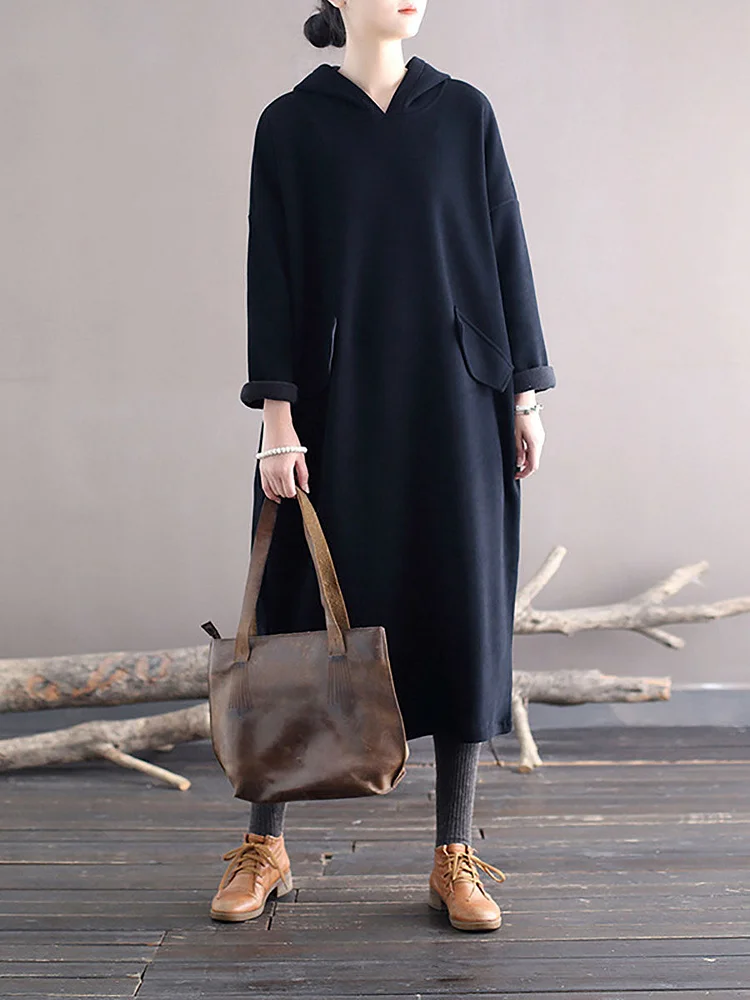 Women Winter Casaul Solid Loose Thick Hooded Dress
