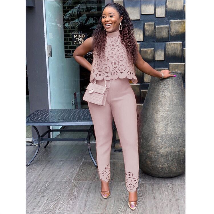 Summer fashion hollow solid color sleeveless top trousers casual suit