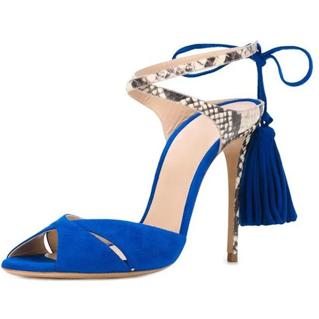 Snakeskin Print Crisscross Straps Peep Toe Heels in Royal Blue |FSJ Shoes