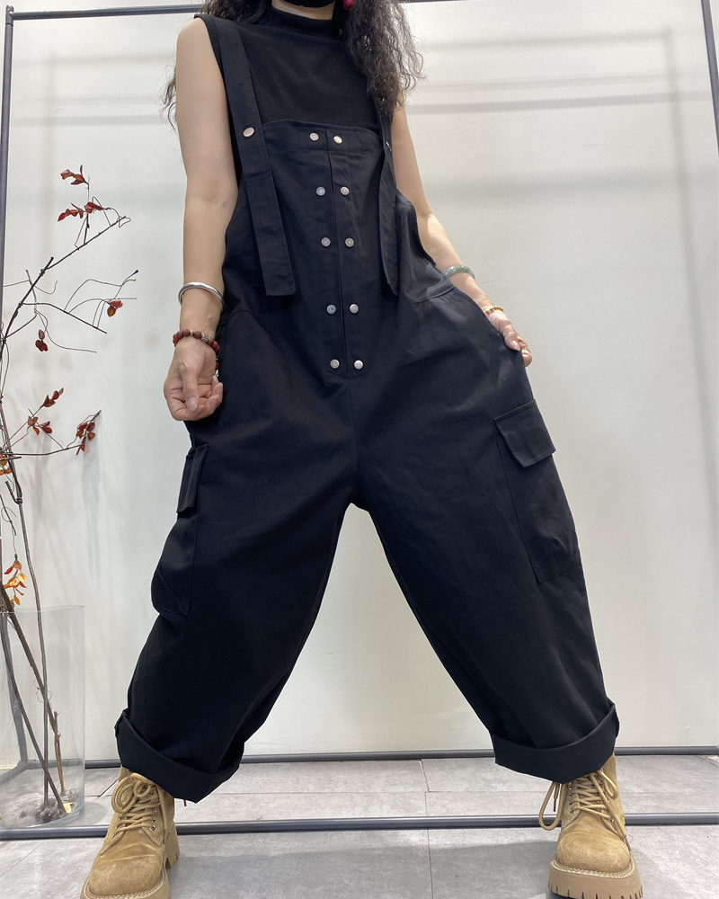 Multiple Buttons Sleeveless Wide Shoulder Strap Jumpsuit