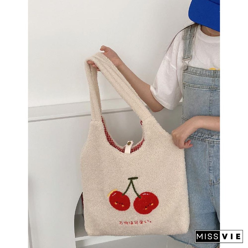 Sweet Cherry Embroidery Plush Tote Bag