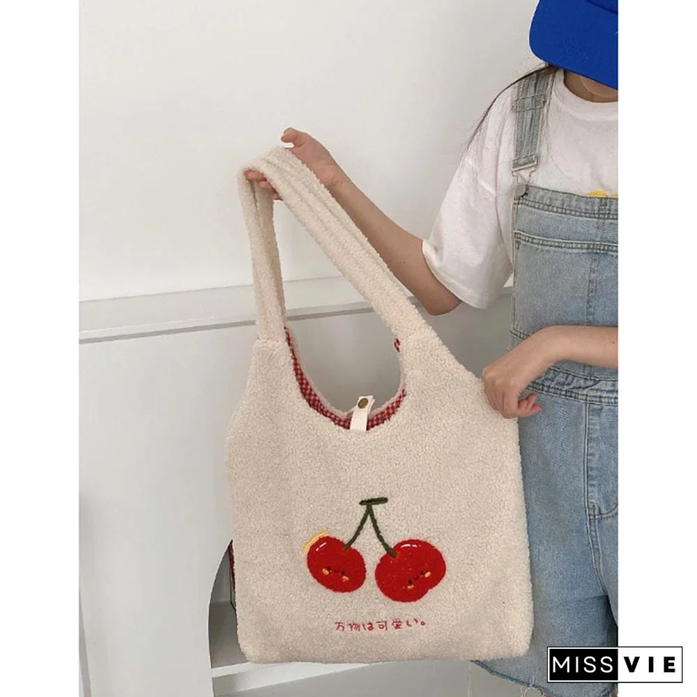 Sweet Cherry Embroidery Plush Tote Bag