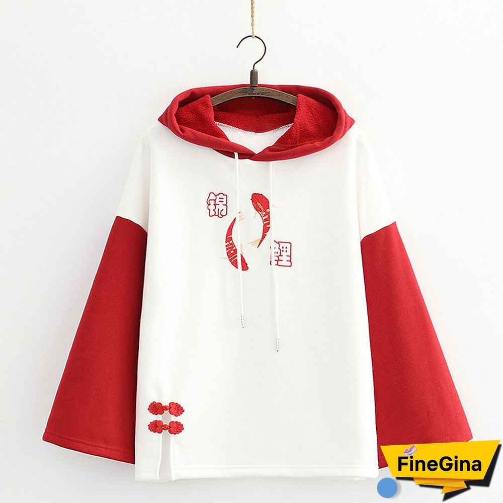 Vintage Koi Fish Letter Embroidery Hoodie