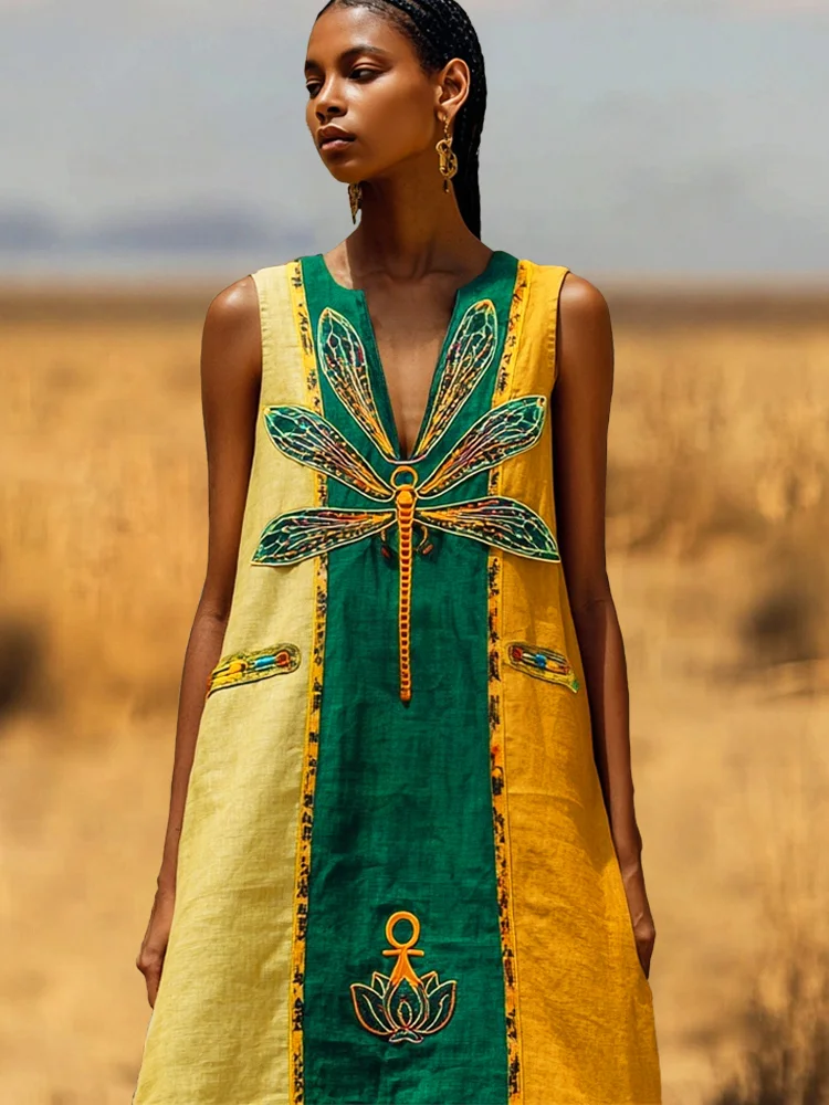 Vintage Egyptian Dragonfly & Lotus Embroidery Women's Linen V-neck Vest Maxi Dress