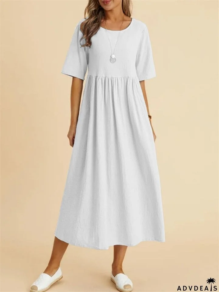 Women's Cozy Cotton Linen Crew Neck Half Sleeve Pleated Dress