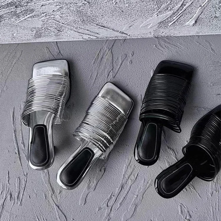 Yyvonne Head With Thin And Silver Cool Slippers Woman 2025 Summer High Heel Half-Dragging Wearing Silver Gold Simple Slippers