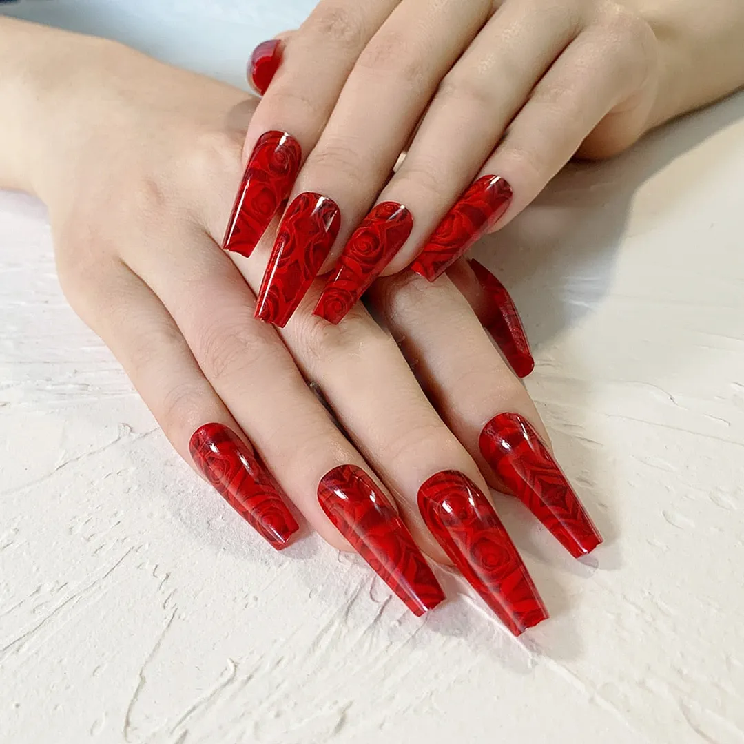 24pcs Rose Pattern Red Wine False Nail Fake Nails Coffin Glossy Press On Nails False Girls Ballerina full cover Fingernails Tips-Nail Inspo