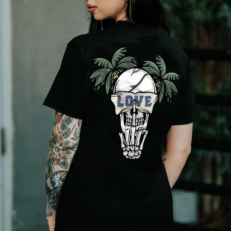 Skull Love Print Women's T-Shirt -  
