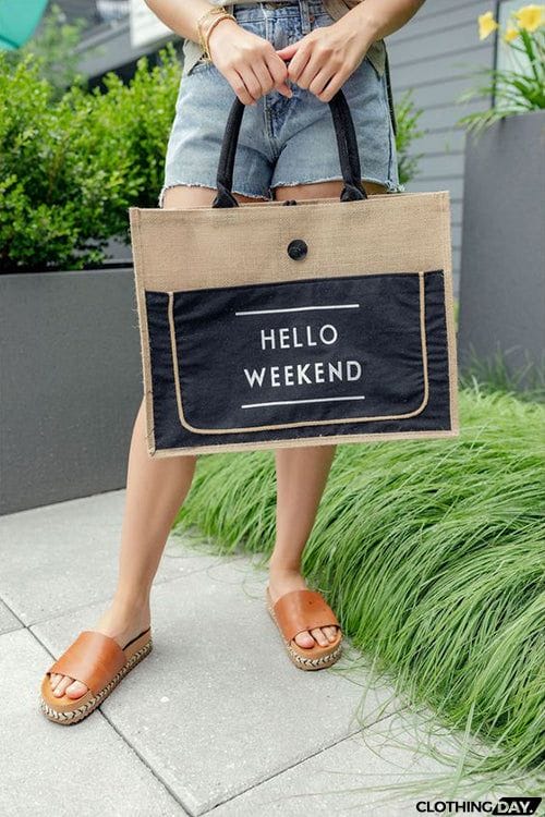 HELLO WEEKEND Jute Tote Bag