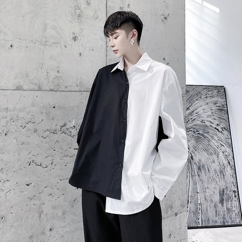 Dawfashion-Abstinence Is Irregular Hem Black and White Contrast Loose Long-sleeved Shirt-Yamamoto Diablo Clothing