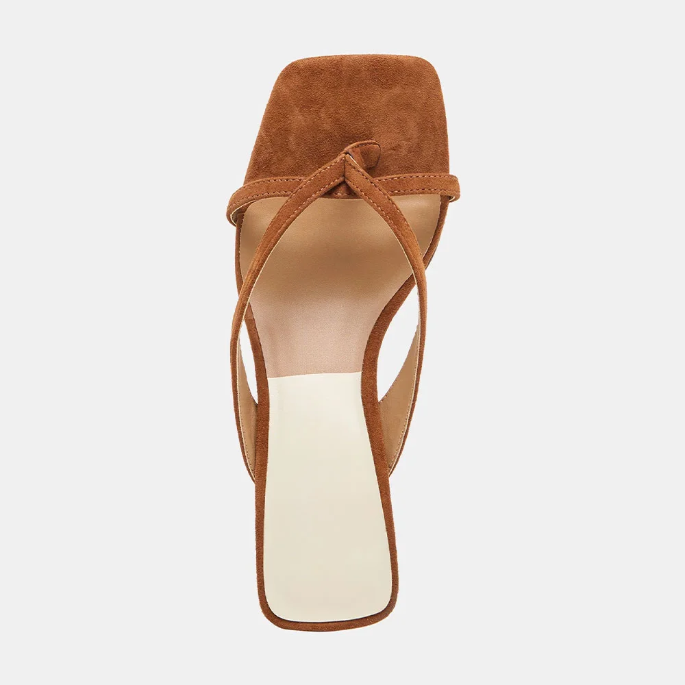 Brown Vegan Suede Square Toe Spool Heel Flip Flops Mules Sandals