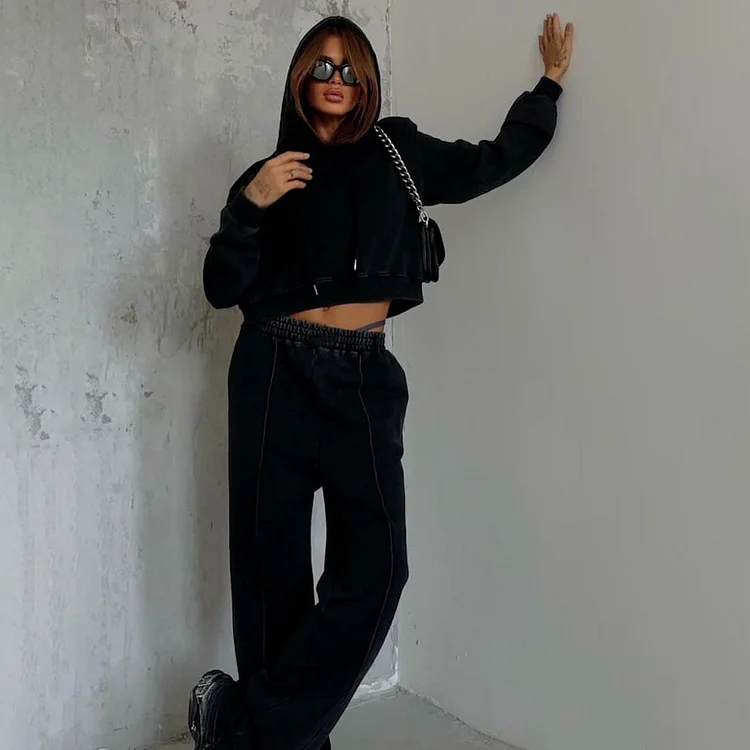 Casual Hooded Sweatshirt and Wide Leg Pants Suits