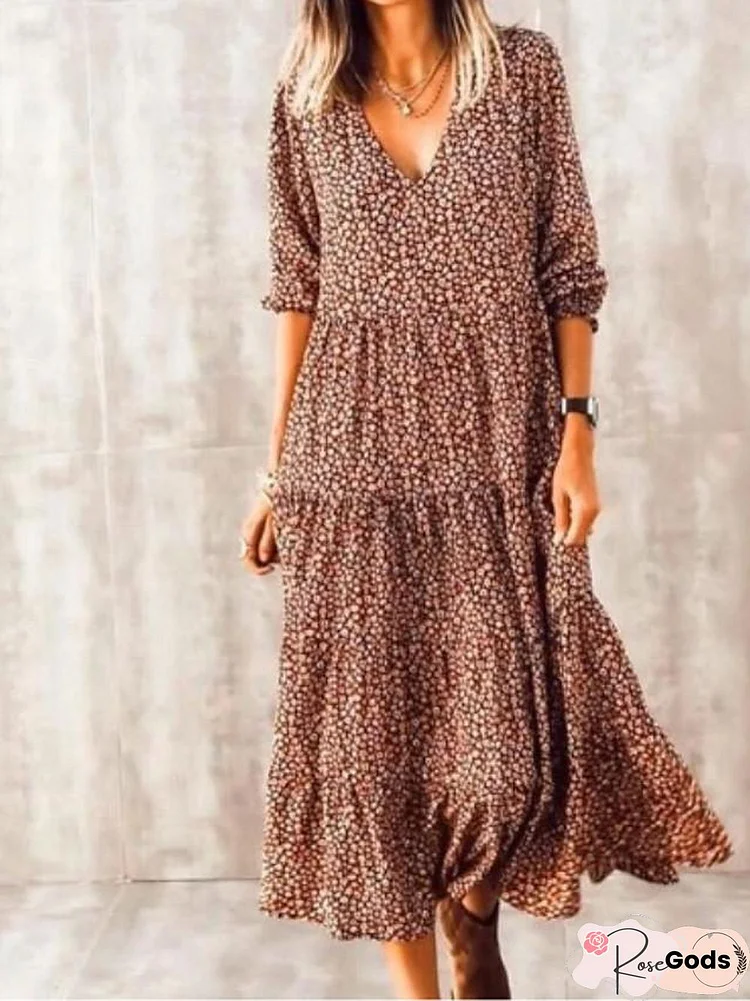 Women's Swing Dress Midi Dress - Long Sleeve Print Spring Summer Casual Boho Vacation Dresses Lantern Sleeve Brown