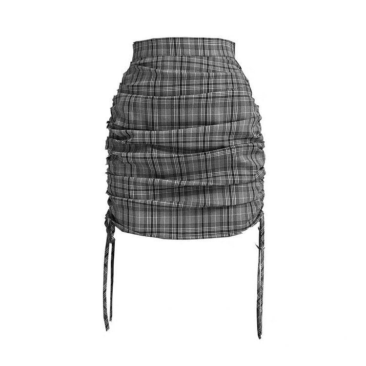 Gray Plaid Bag Hip Drawstring Skirt
