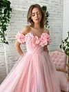 Pink Enchanting 3D Peony Ballgown Princess A Line Tulle Prom Dress Off The Shoulder High Leg Split Formal Evening Gown Special Event Party